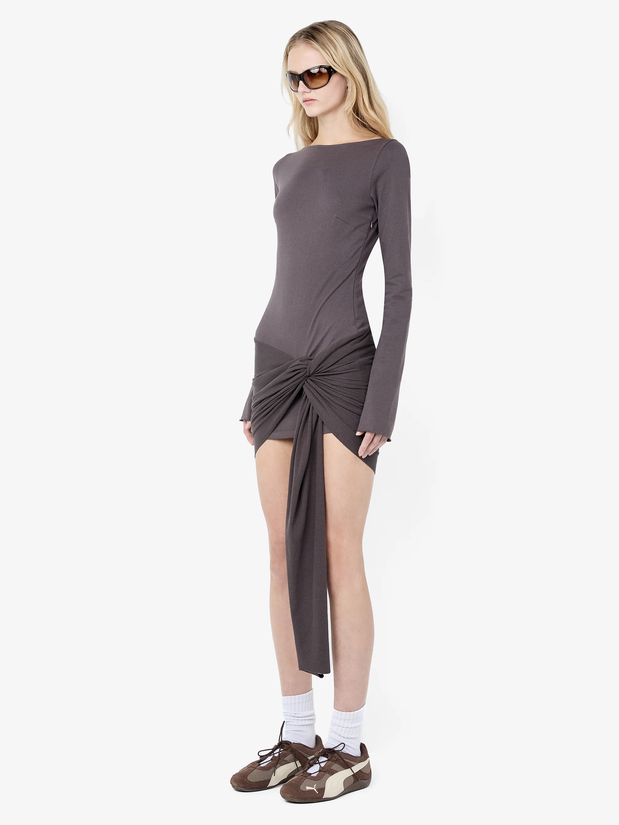 CLAUDETTE DRAPE MINI DRESS - WASHED CHOC - Image 2