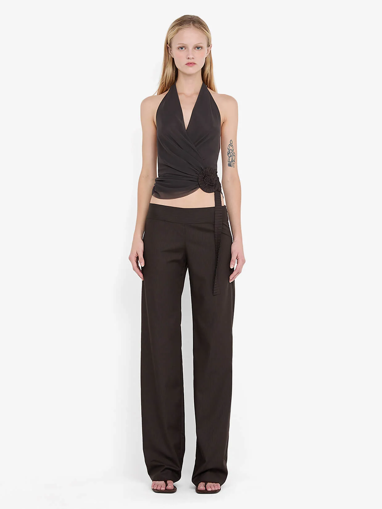 INGRID SPIRAL HALTER TOP - CHOC PINSTIPE