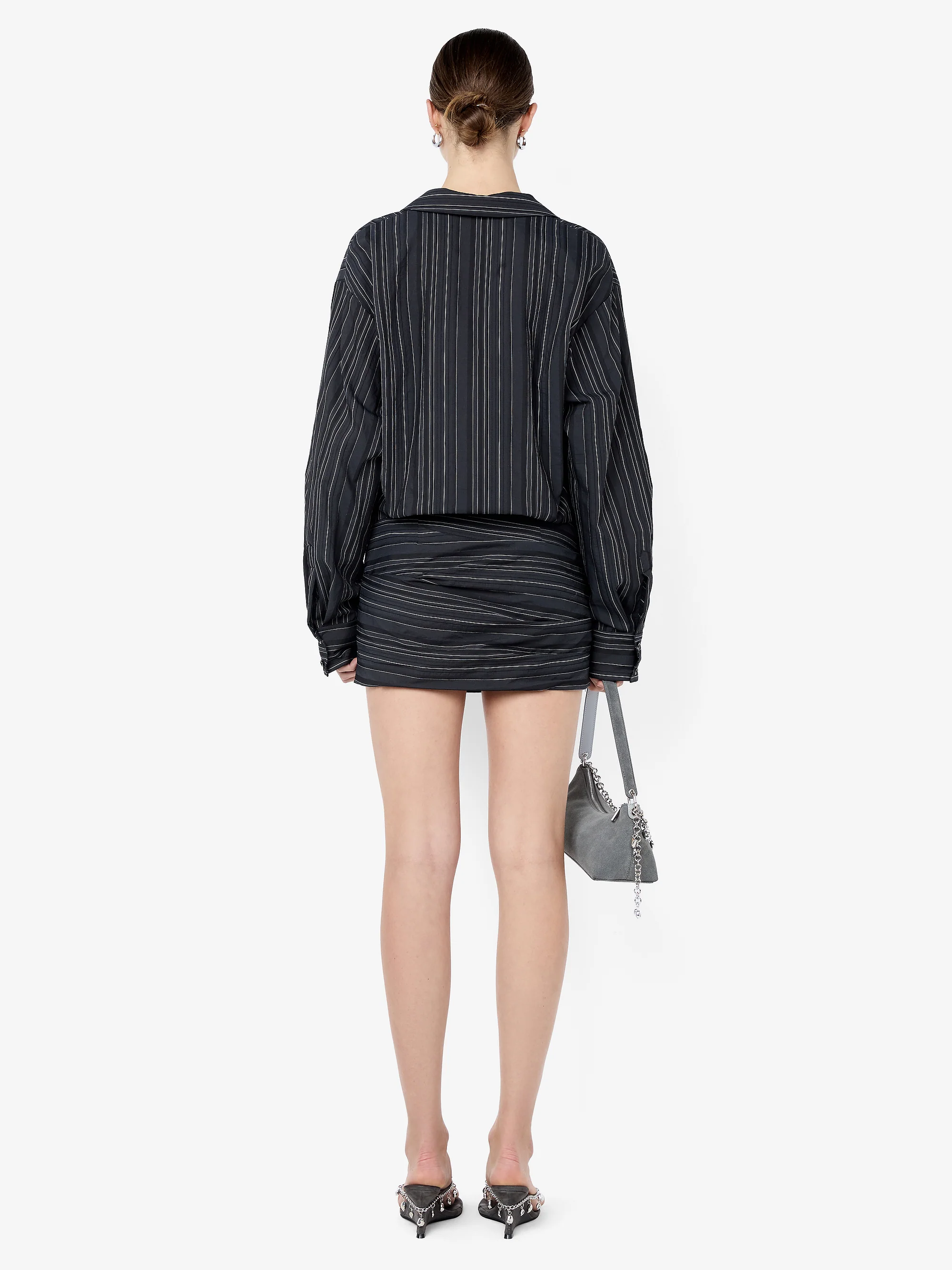 ROMI LONG SLEEVE MINI DRESS - BLACK/IVORY STRIPE - Image 4