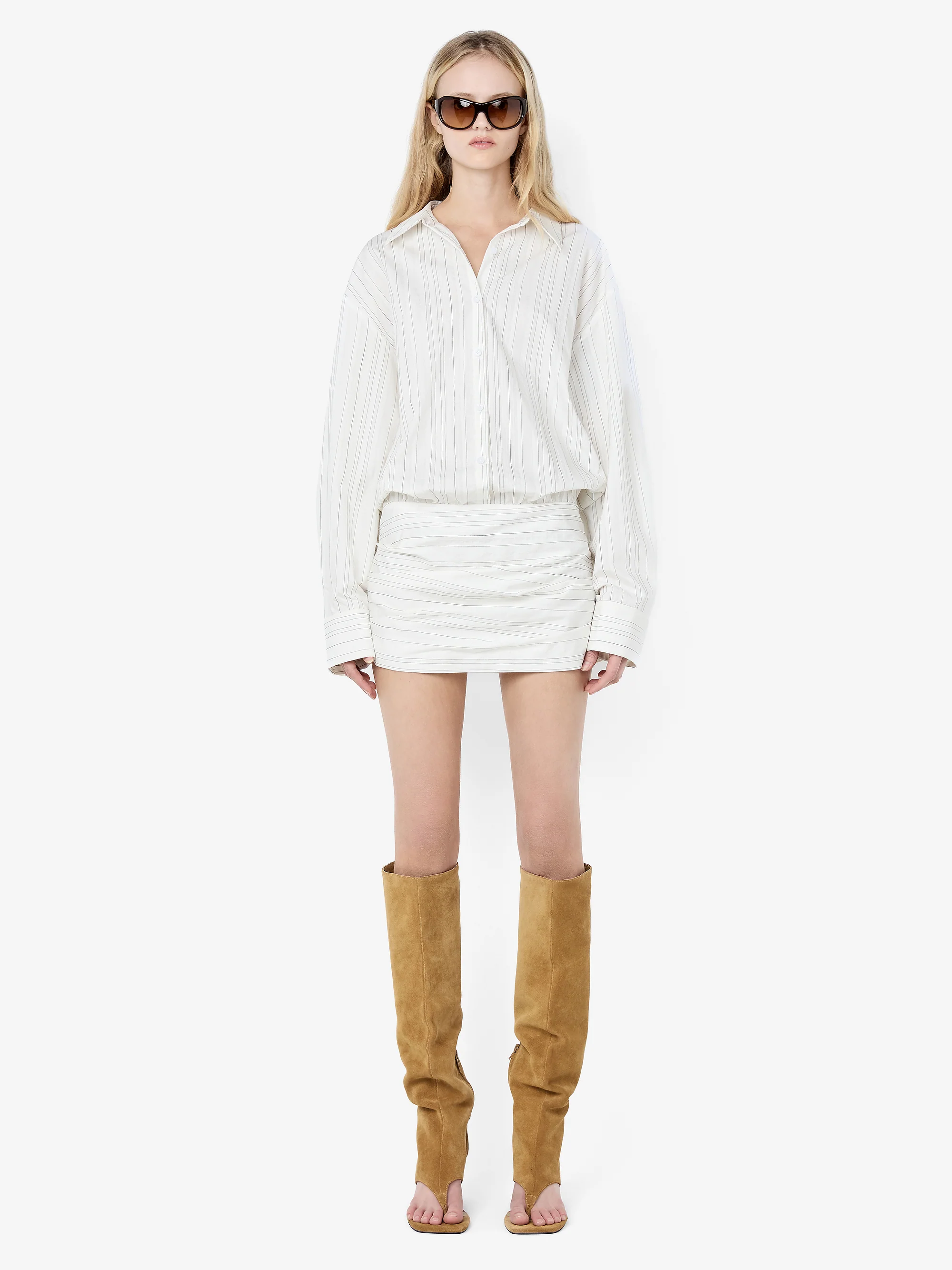ROMI LONG SLEEVE MINI DRESS - IVORY/BLACK STRIPE